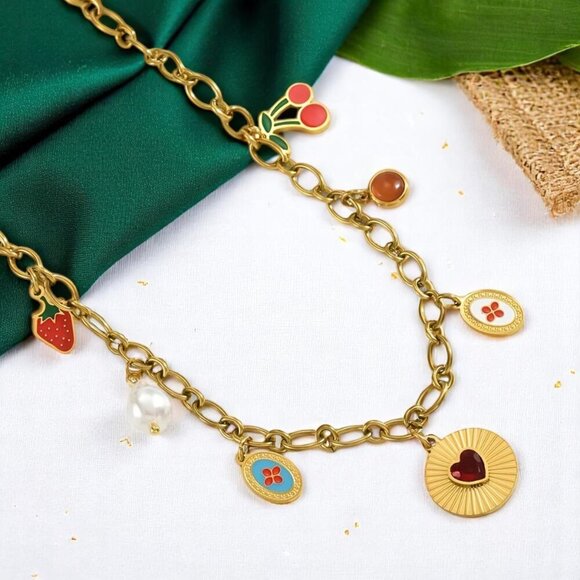 🆕 18K Gold Plated Stainless Steel Fruit Charms Link Chain Necklace 🍓🍒 - Picture 1 of 12